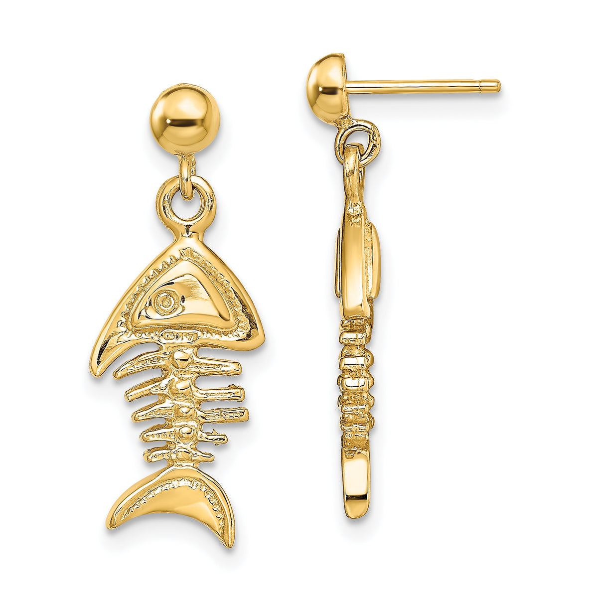 14K 3-D Fishbone Dangle Earrings