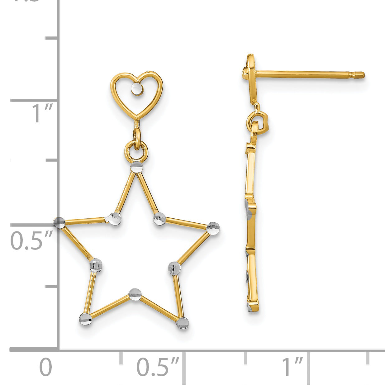 14k w/ RH Diamond-Cut Heart and Star Post Dangle Earrings