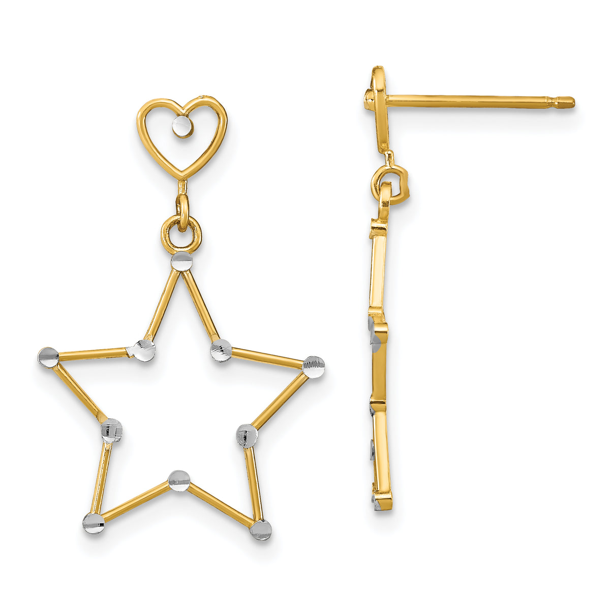 14k w/ RH Diamond-Cut Heart and Star Post Dangle Earrings