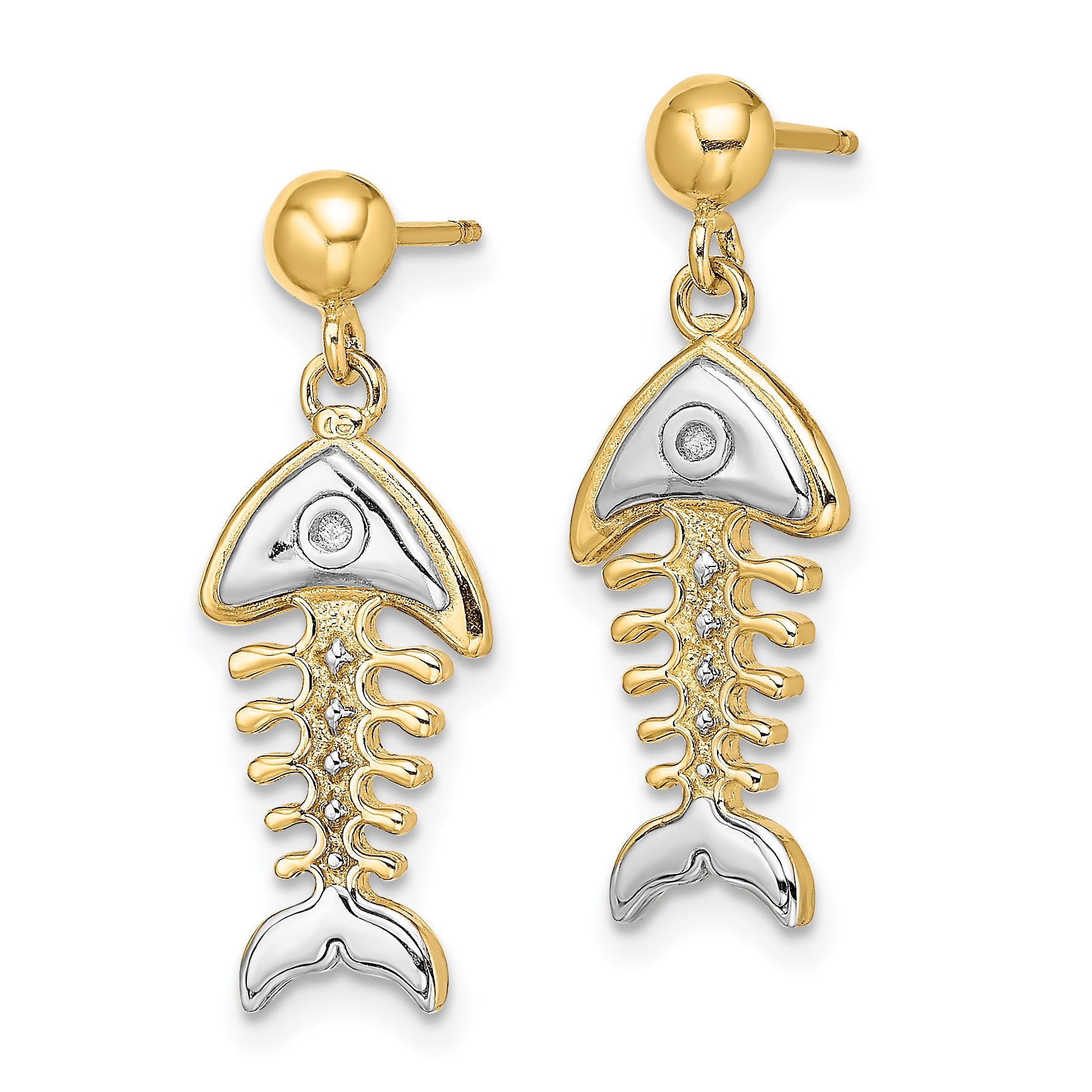 14K W/ Rhodium Fishbone Dangle Earrings