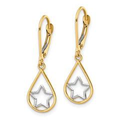 14k w/Rhodium Star in Teardrop Leverback Dangle Earrings