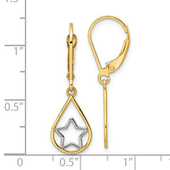 14k w/Rhodium Star in Teardrop Leverback Dangle Earrings