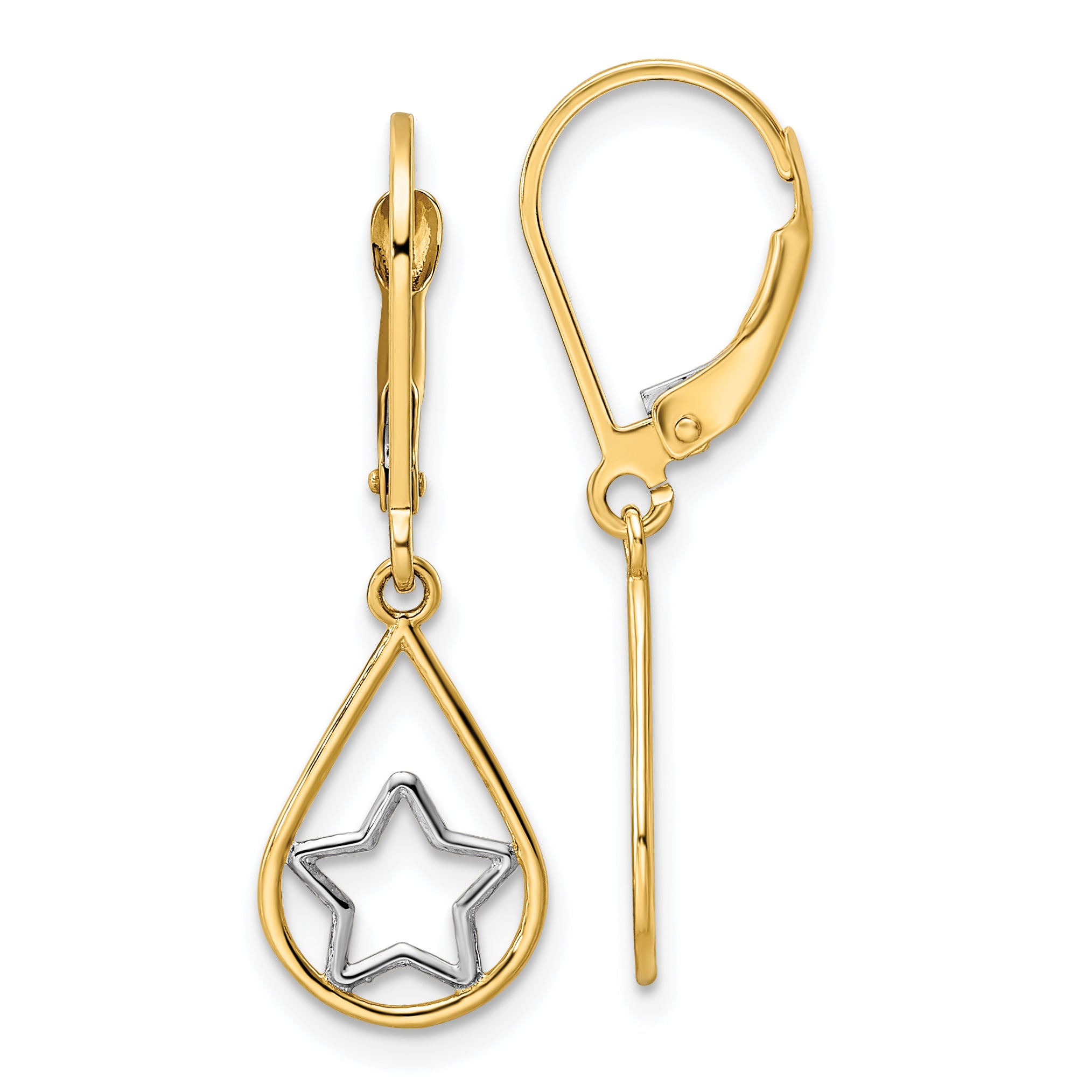 14k w/Rhodium Star in Teardrop Leverback Dangle Earrings