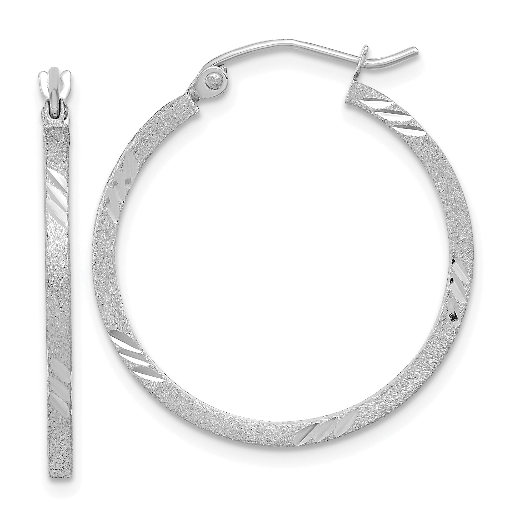 14k White Gold Satin Diamond-cut Square Tube Hoop Earrings