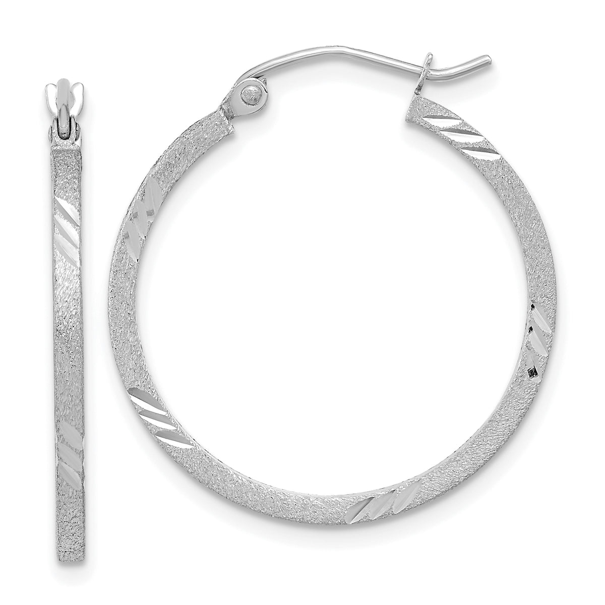 14k White Gold Satin Diamond-cut Square Tube Hoop Earrings