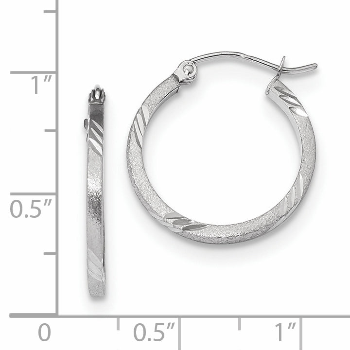 14k White Gold Satin Diamond-cut Square Tube Hoop Earrings