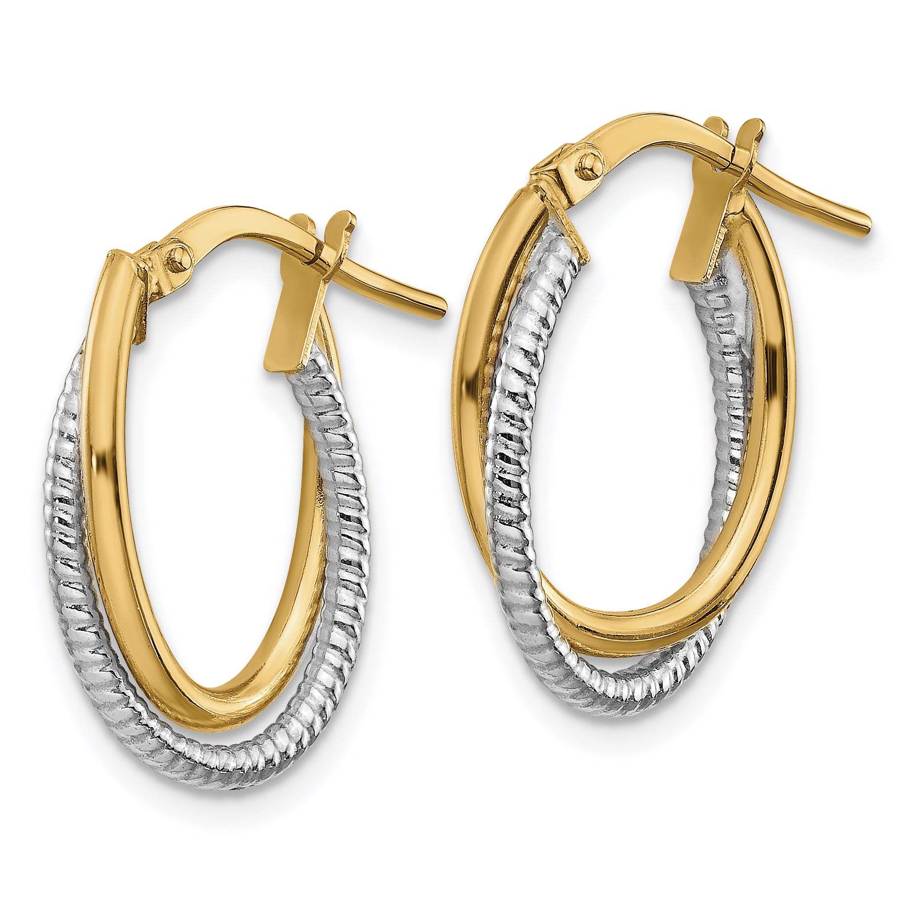 14k Two-Tone Polished Textured Double Oval Hoops