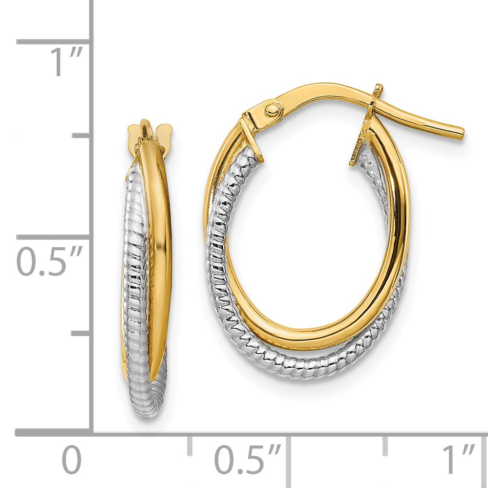 14k Two-Tone Polished Textured Double Oval Hoops