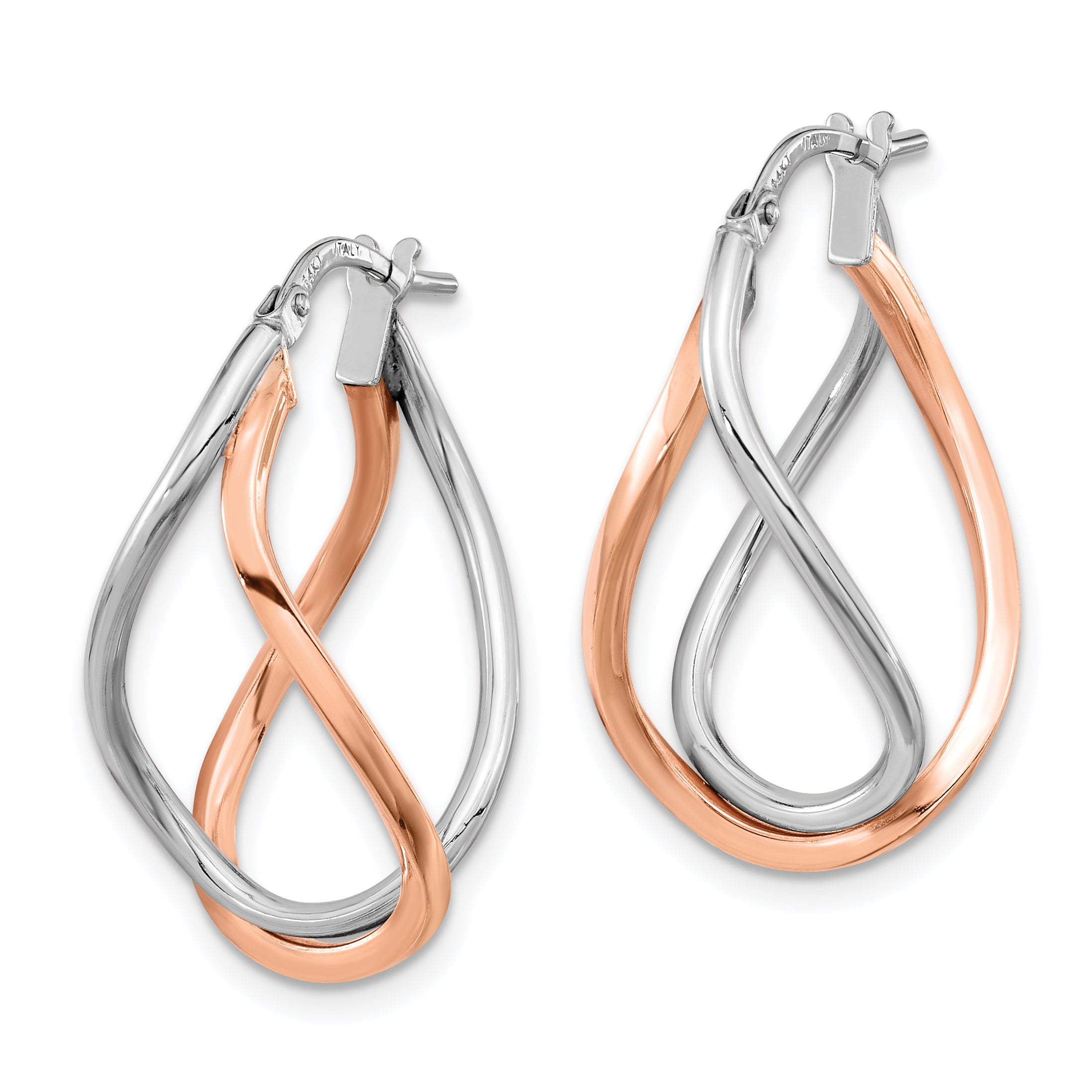 14k Yellow Gold w/White Rhodium and Rose Gold-plated Swirl Hoops