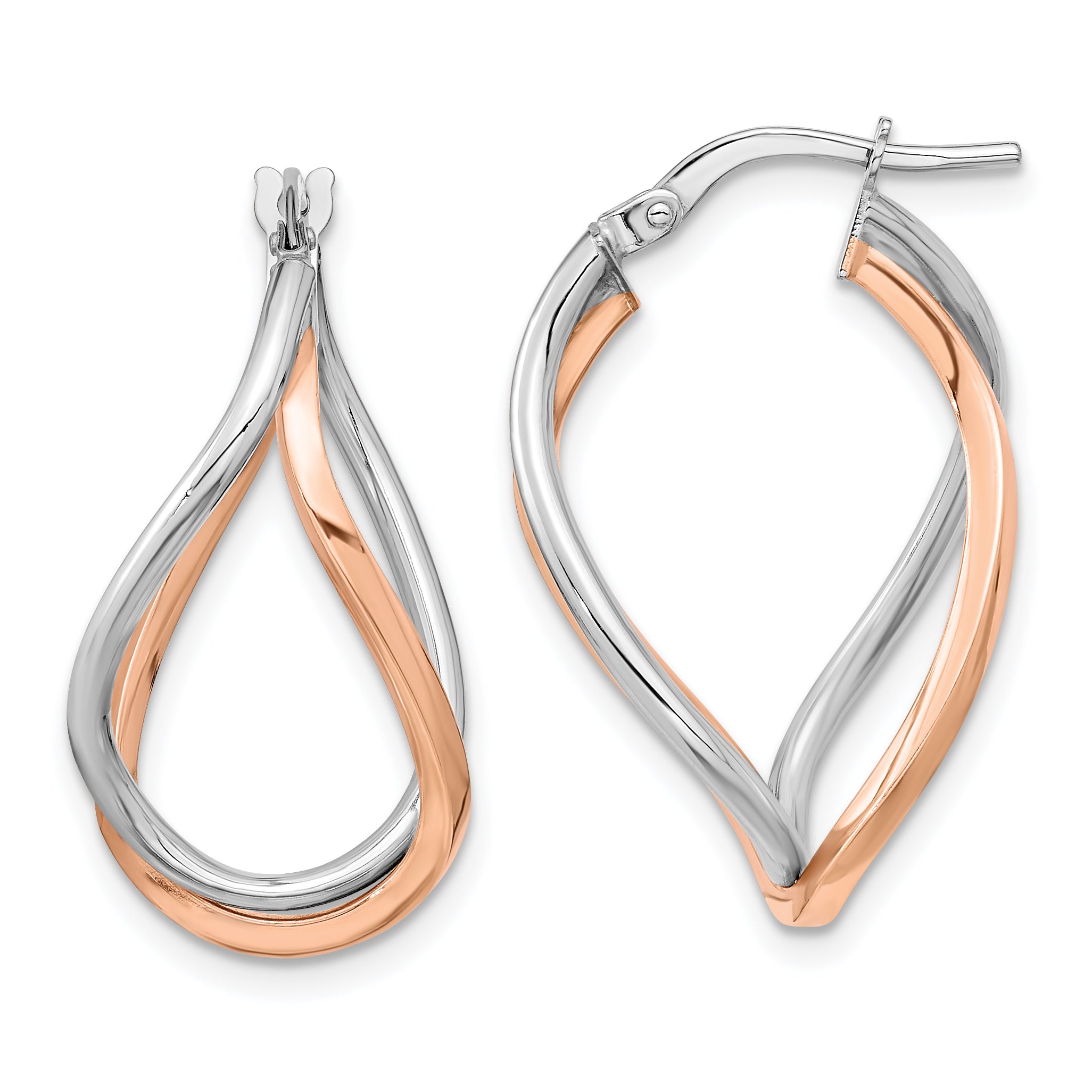 14k Yellow Gold w/White Rhodium and Rose Gold-plated Swirl Hoops