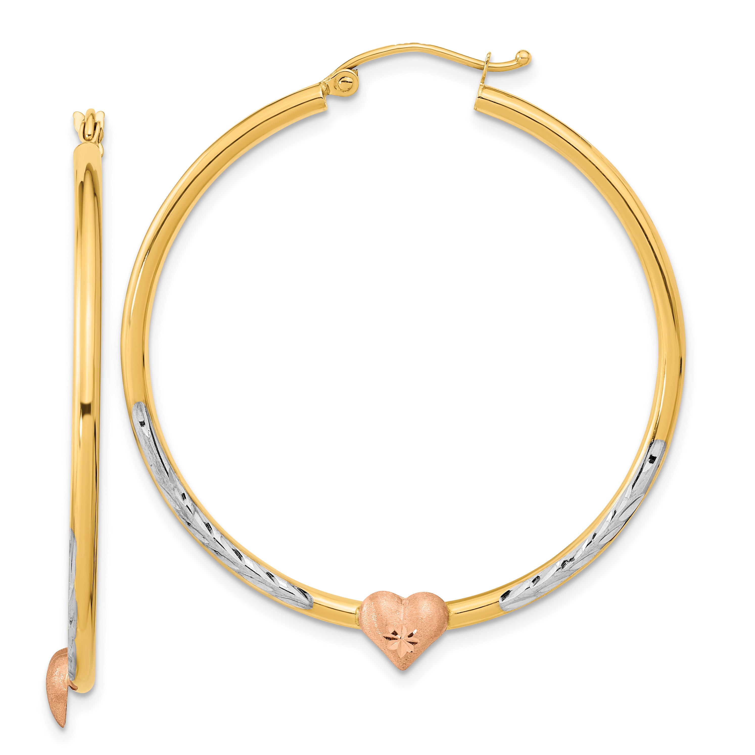 14k Two-tone with White Rhodium D/C Heart Hoop Earrings