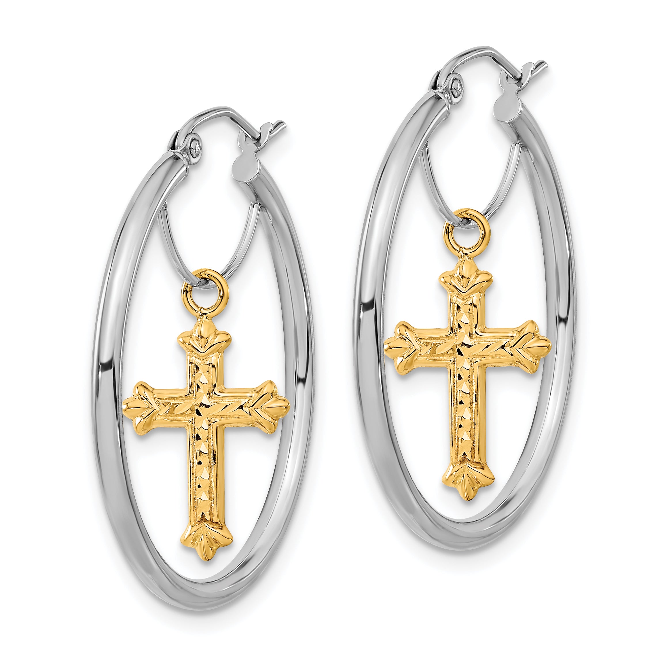 14k Two-tone D/C Cross Dangle Hoop Earrings