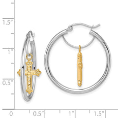 14k Two-tone D/C Cross Dangle Hoop Earrings