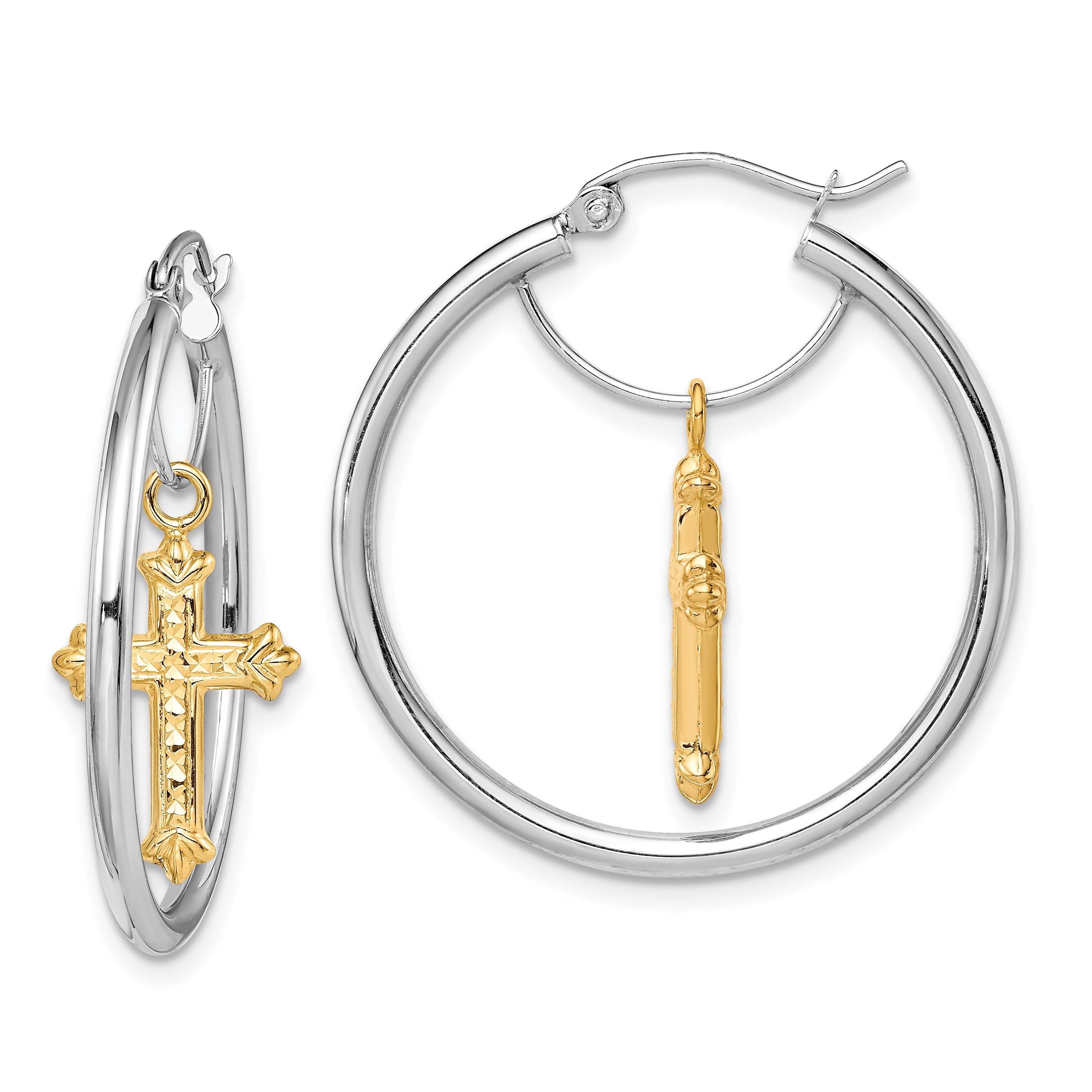 14k Two-tone D/C Cross Dangle Hoop Earrings