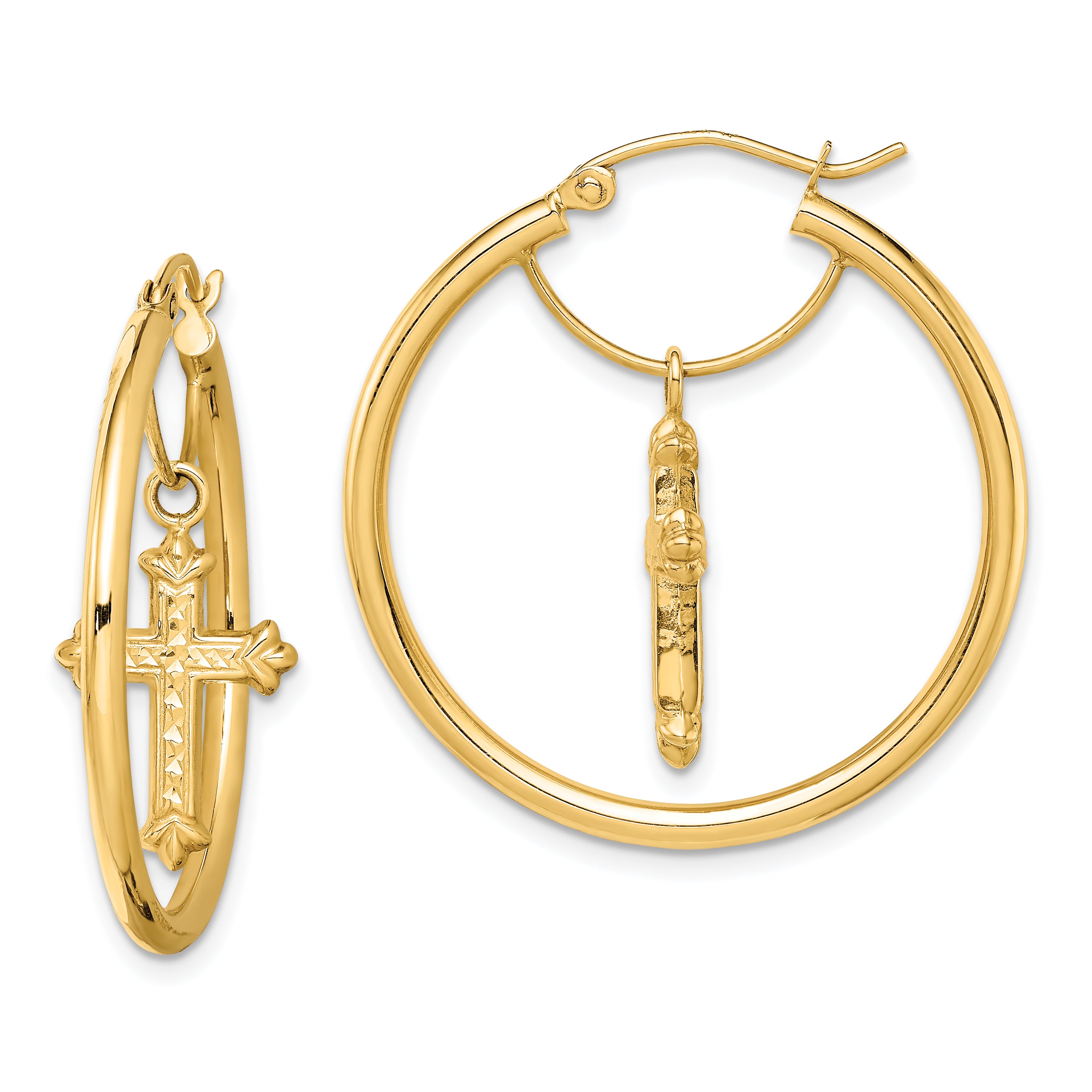 14k with D/C Cross Dangle Hoop Earrings