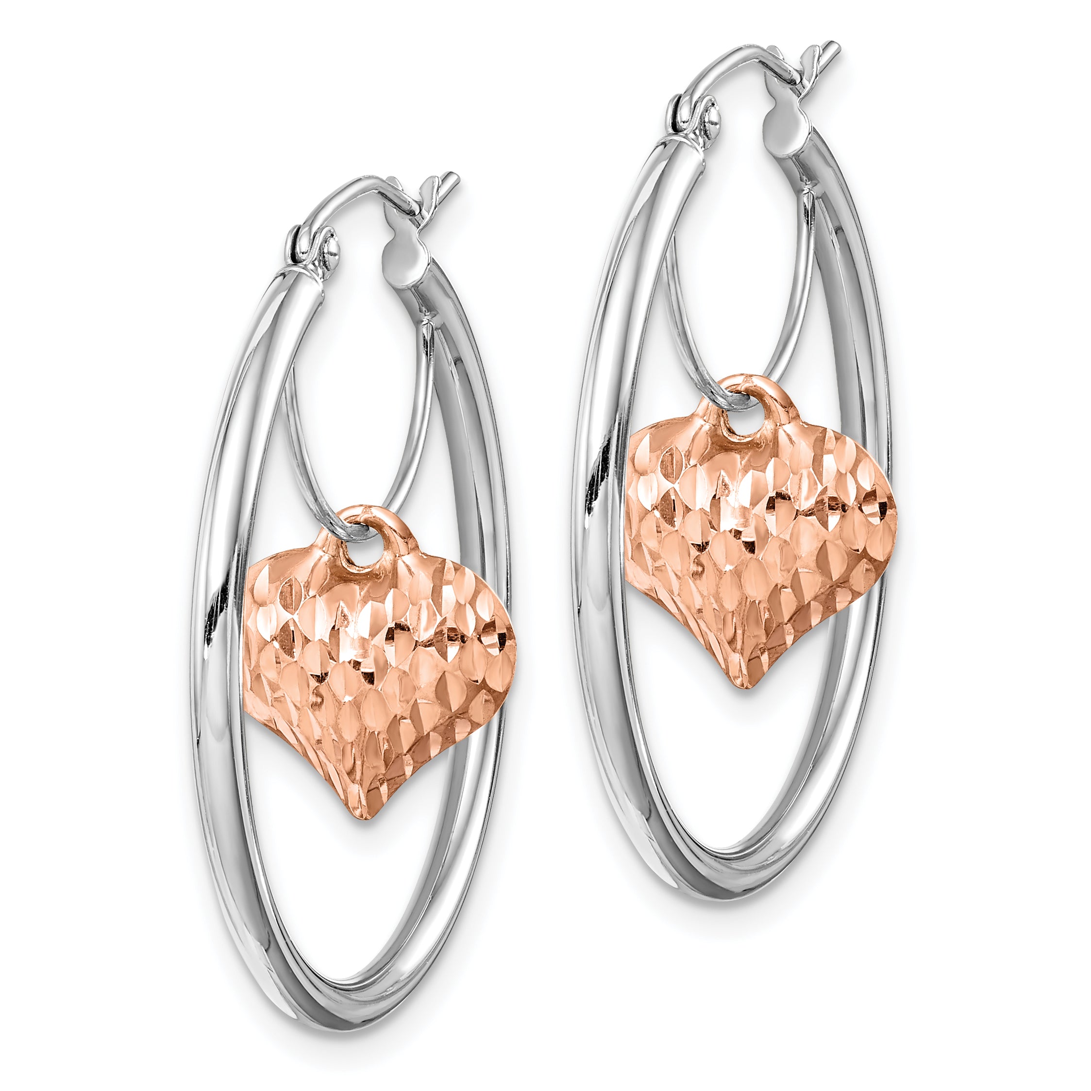 14k Two-tone Rose and White D/C Heart Dangle Hoop Earrings