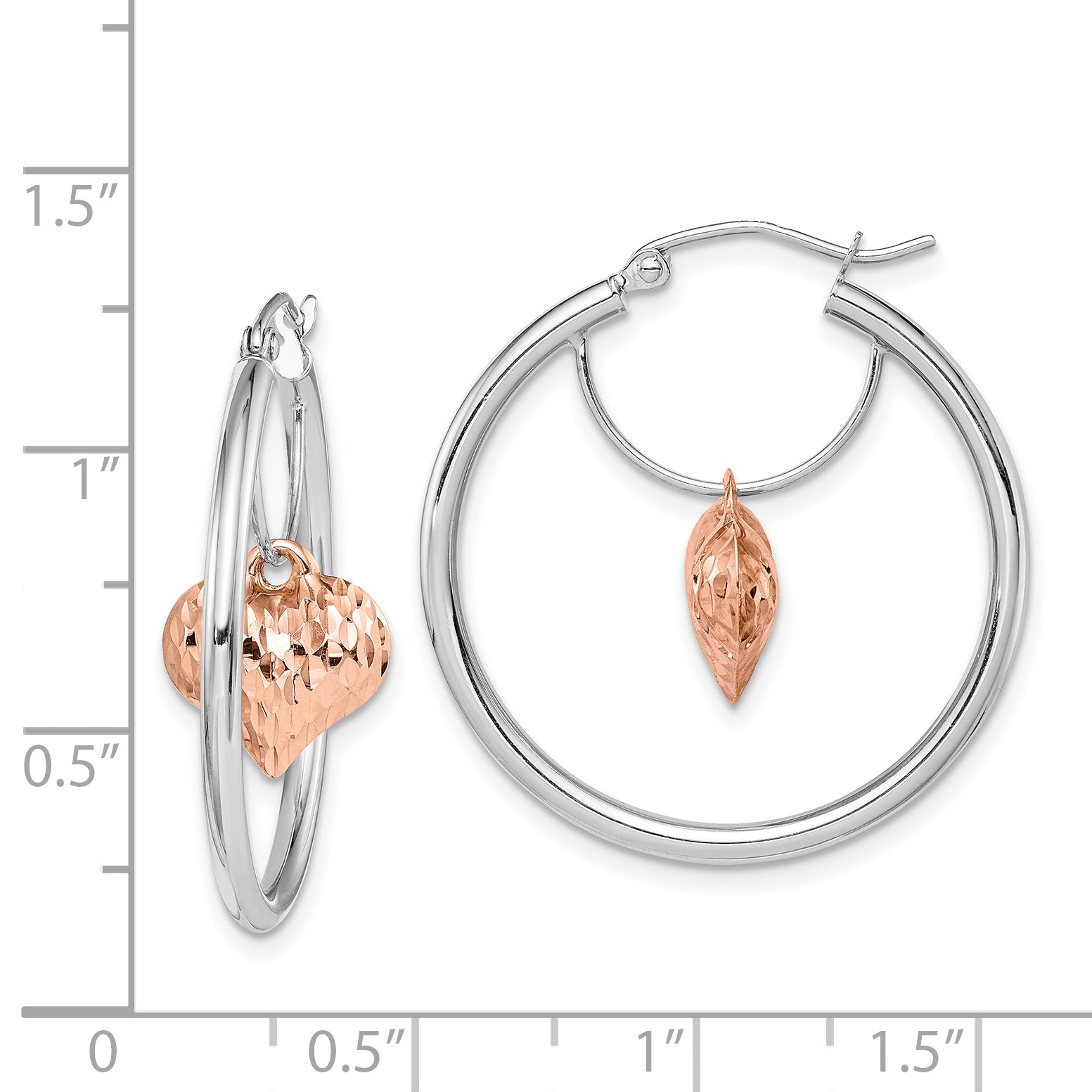 14k Two-tone Rose and White D/C Heart Dangle Hoop Earrings