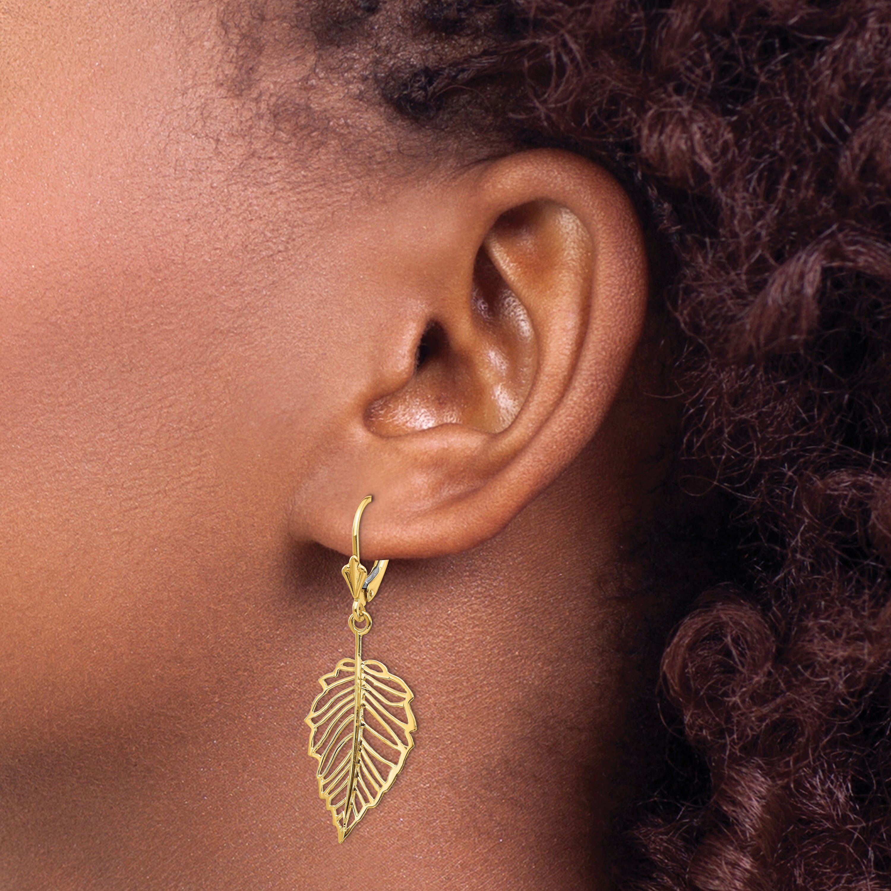 14K Polished Leaf Leverback Earrings