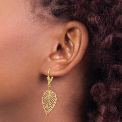 14K Polished Leaf Leverback Earrings