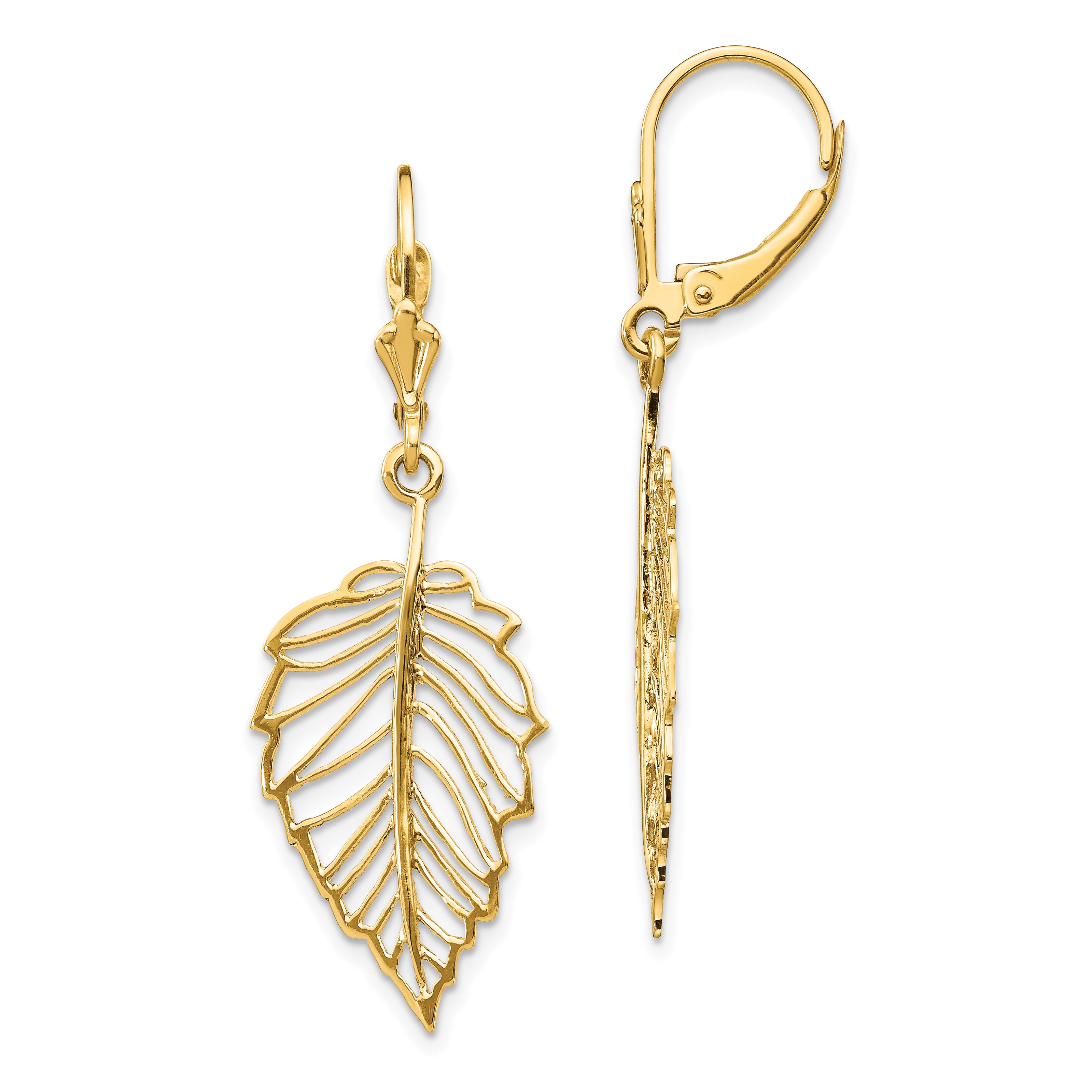 14K Polished Leaf Leverback Earrings