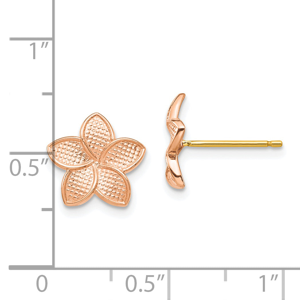 14K Rose Gold Polished & Textured Plumeria & Yellow Post & Earring Backs