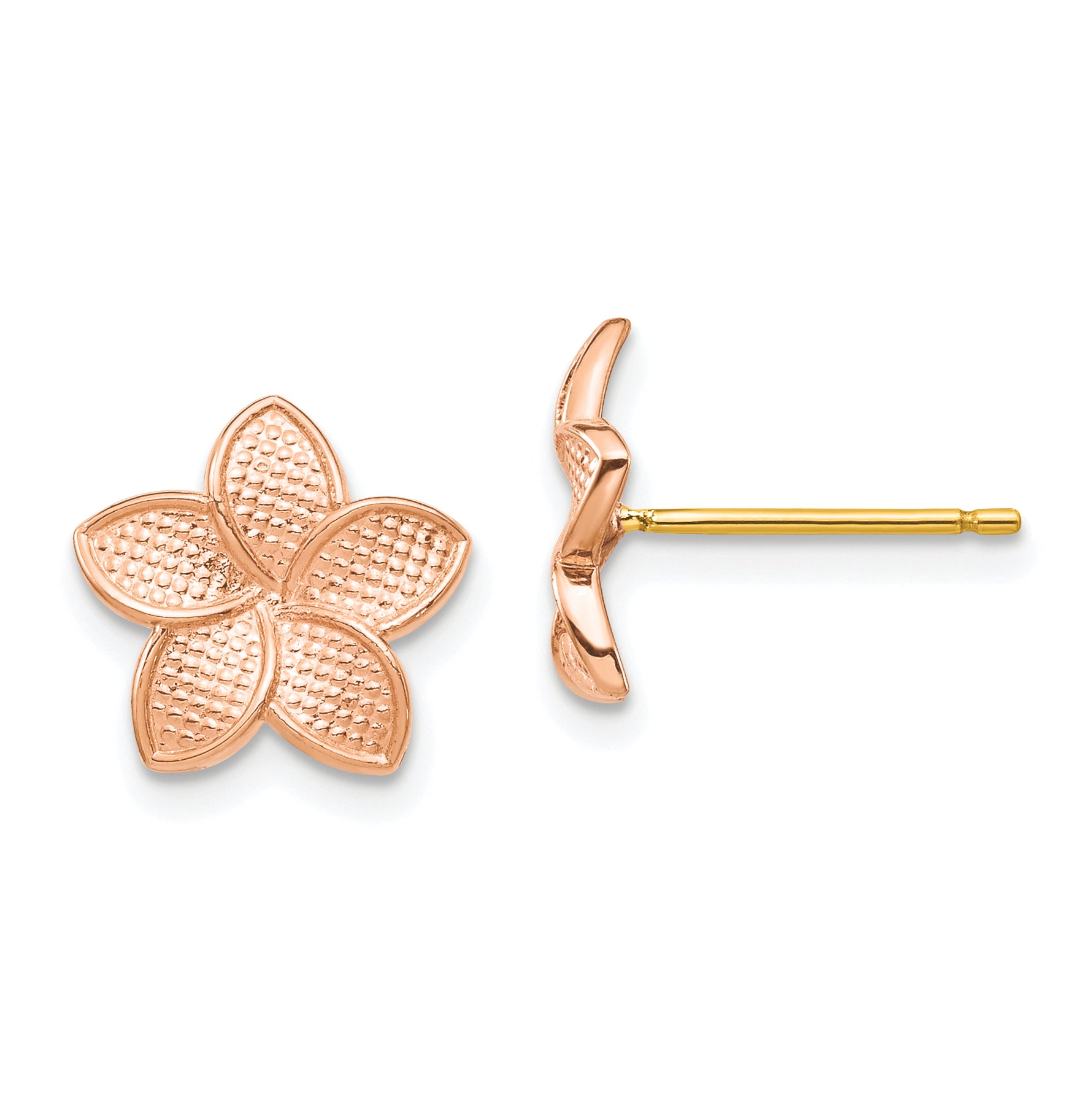 14K Rose Gold Polished & Textured Plumeria & Yellow Post & Earring Backs