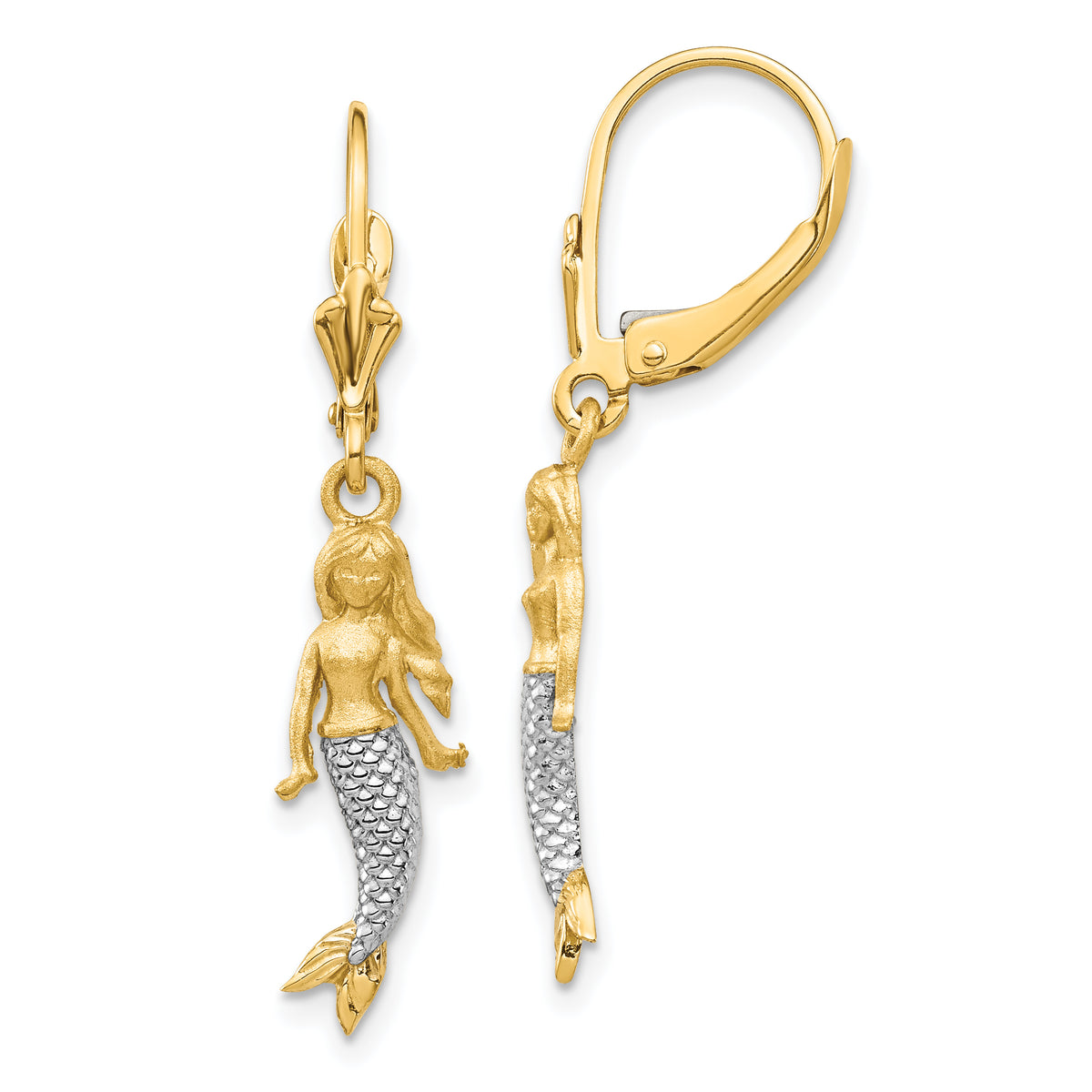 14K and White Rhodium Brushed & Polished Mermaid Earrings