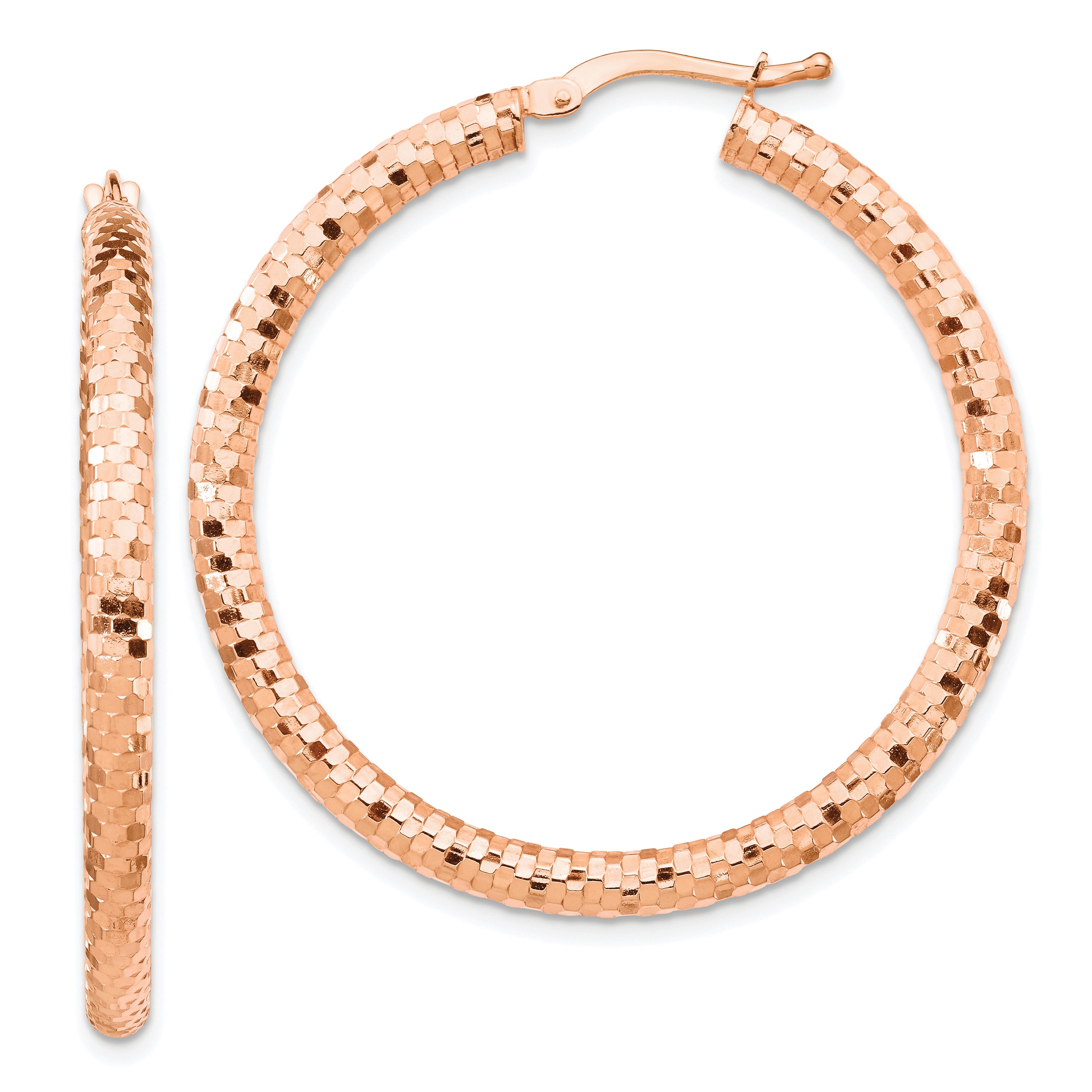 14k Rose Gold 3x38mm Diamond-cut Hoop Earrings