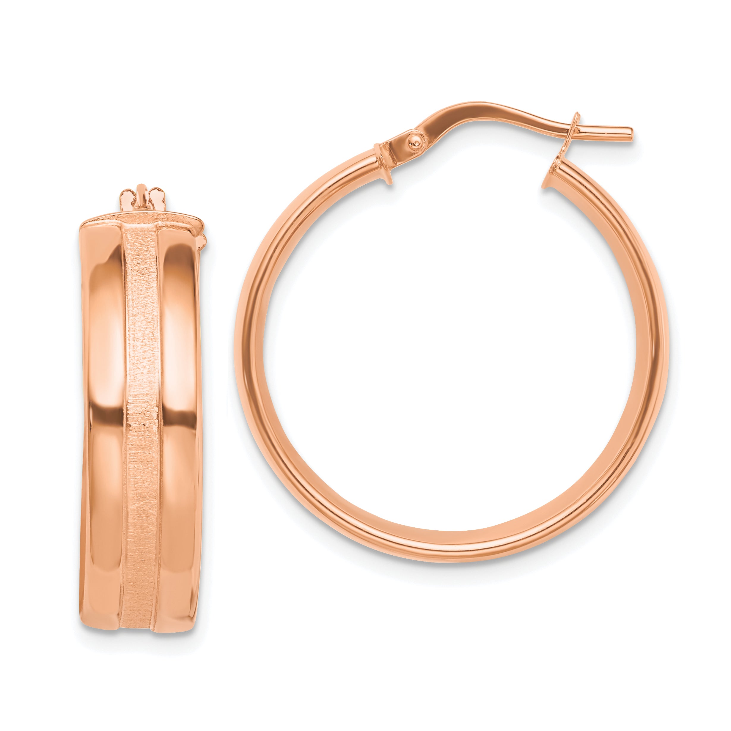 14K Rose Gold 25mm Satin and Polished Hoop Earrings