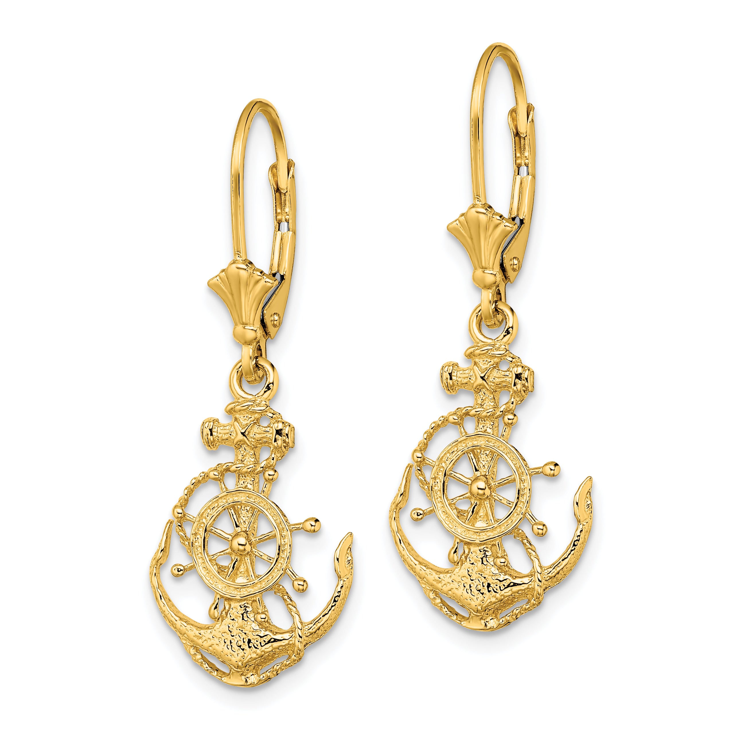 14K 2-D Anchor and Wheel Leverback Earrings