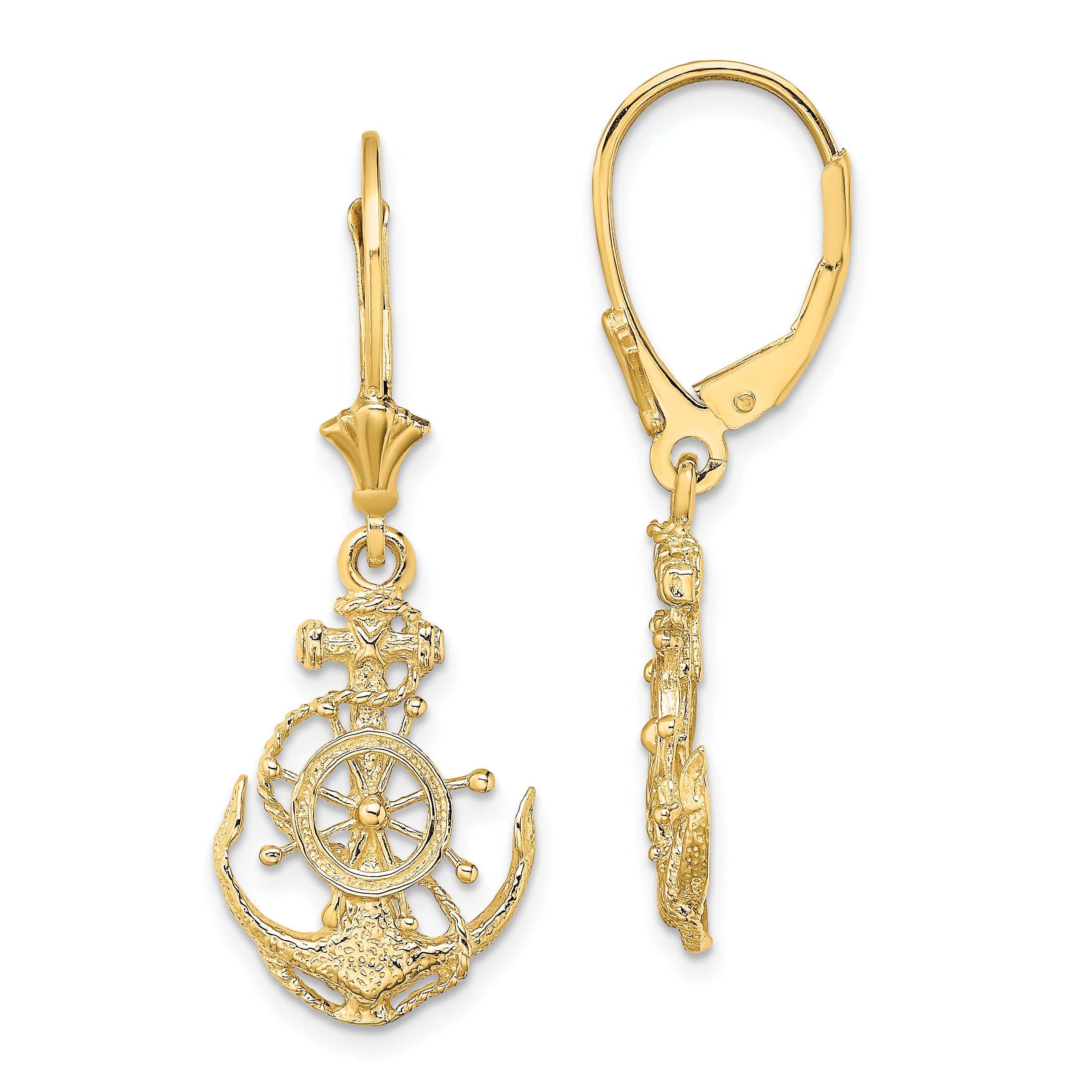 14K 2-D Anchor and Wheel Leverback Earrings