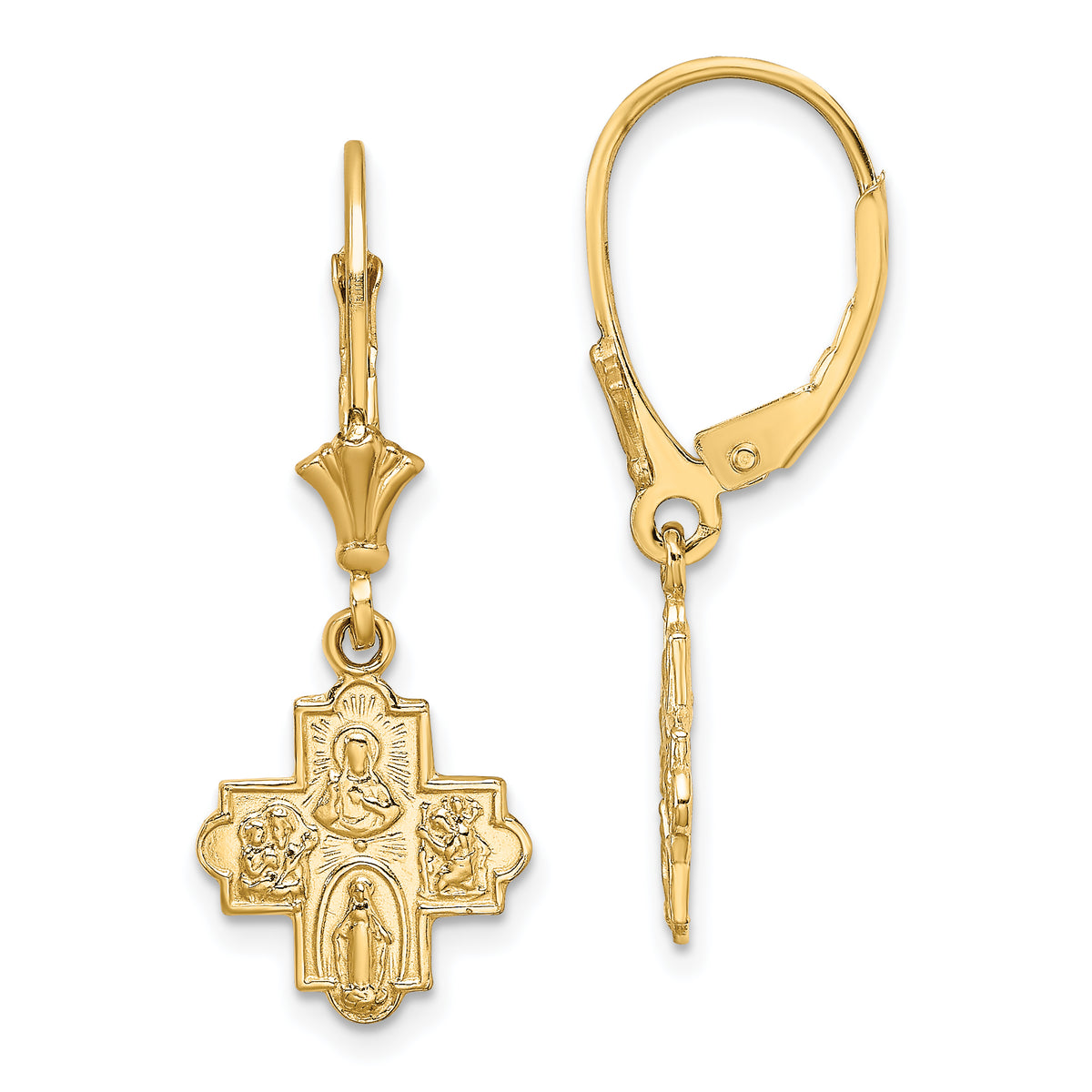 14K Small 4-Way Medal Cross Leverback Earrings