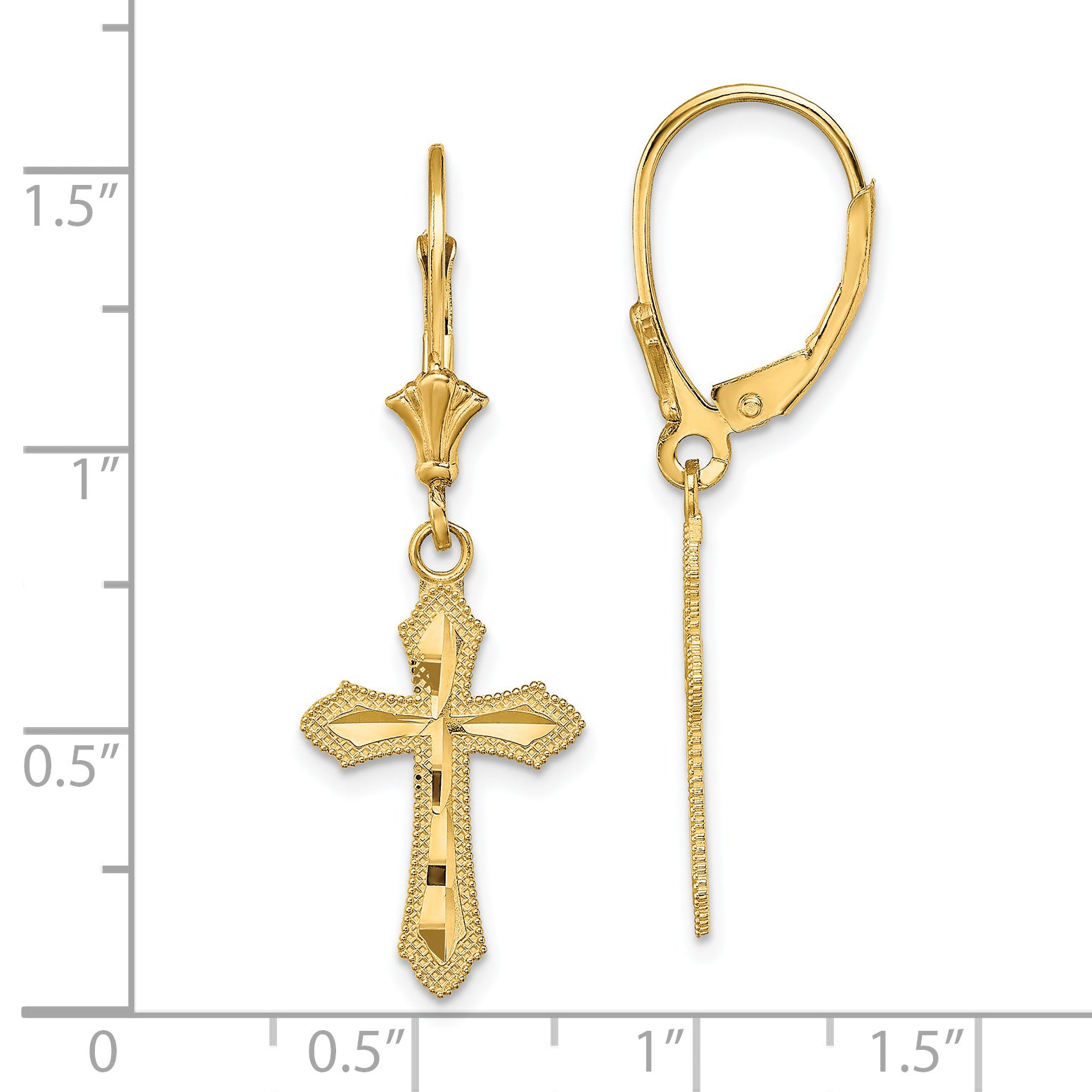 14K D/C Cross w/ Beaded Edge Leverback Earrings