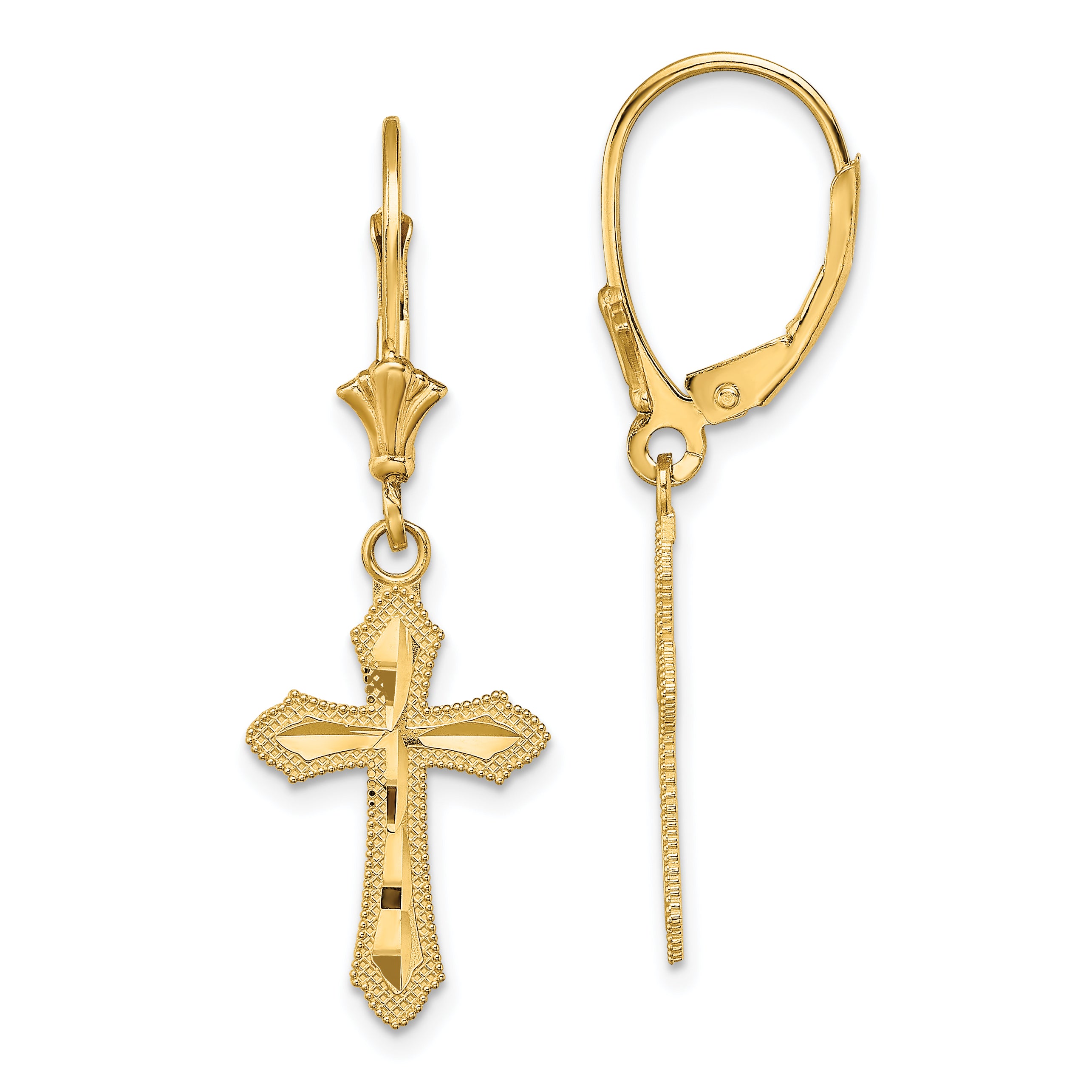 14K D/C Cross w/ Beaded Edge Leverback Earrings