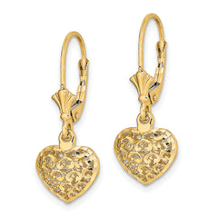 14k Diamond-cut Mini Puffed Heart Leverback Earrings