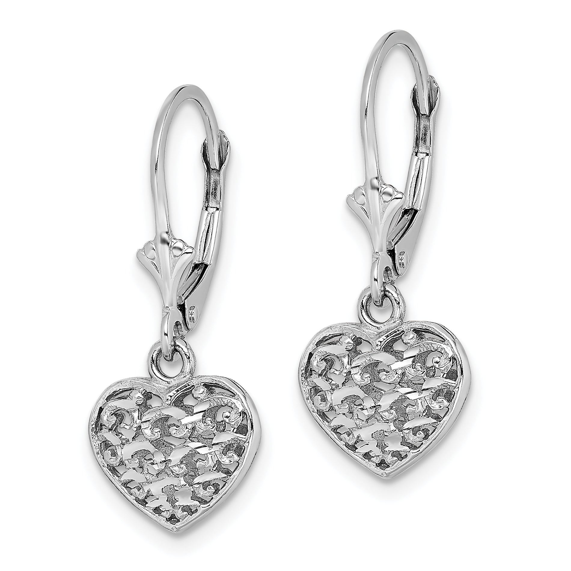 14K White Gold 3-D Mini D/C Puffed Heart Leverback Earrings