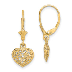 14k Diamond-cut Mini Puffed Heart Leverback Earrings