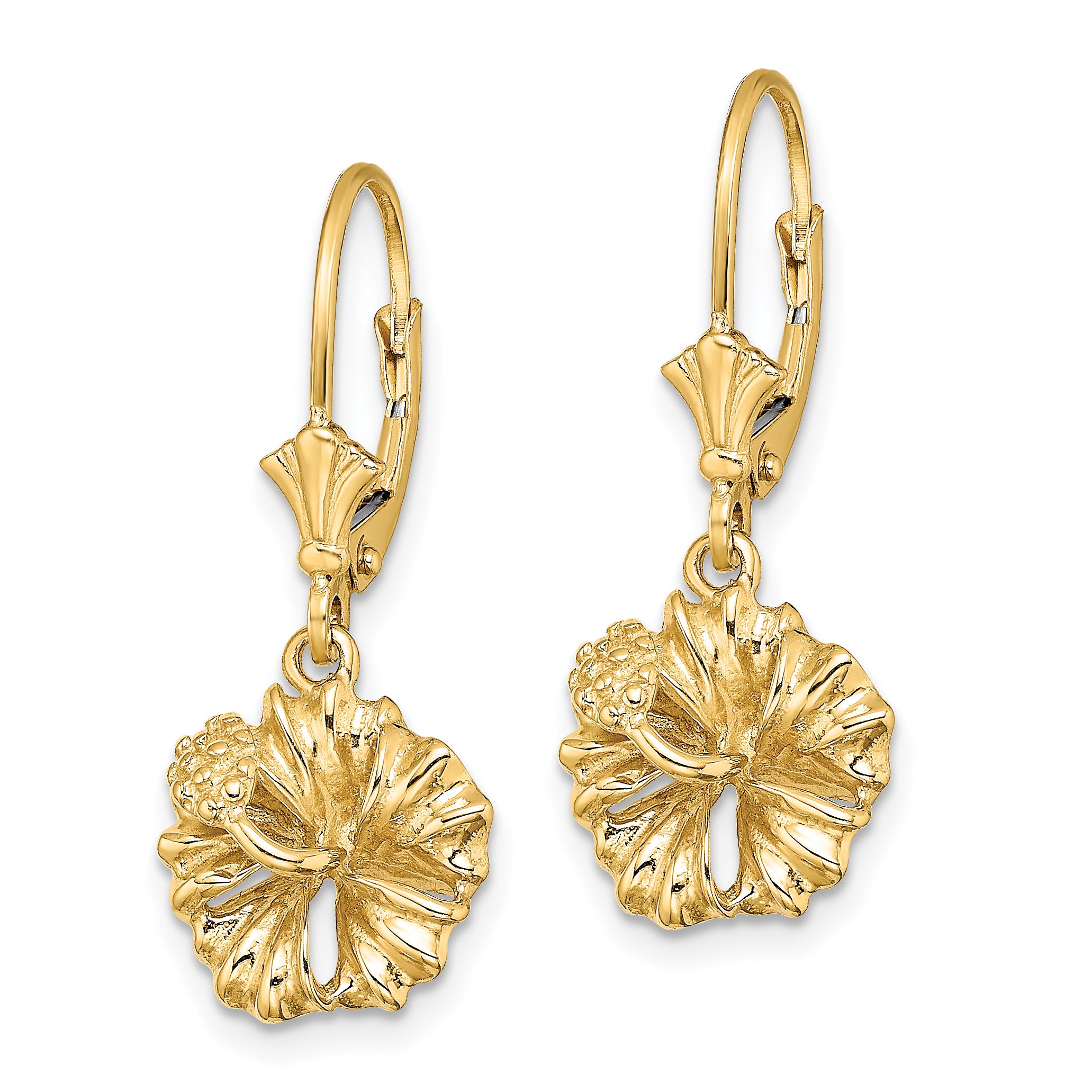 14K 2-D Textured Hibiscus Flower Leverback Earrings