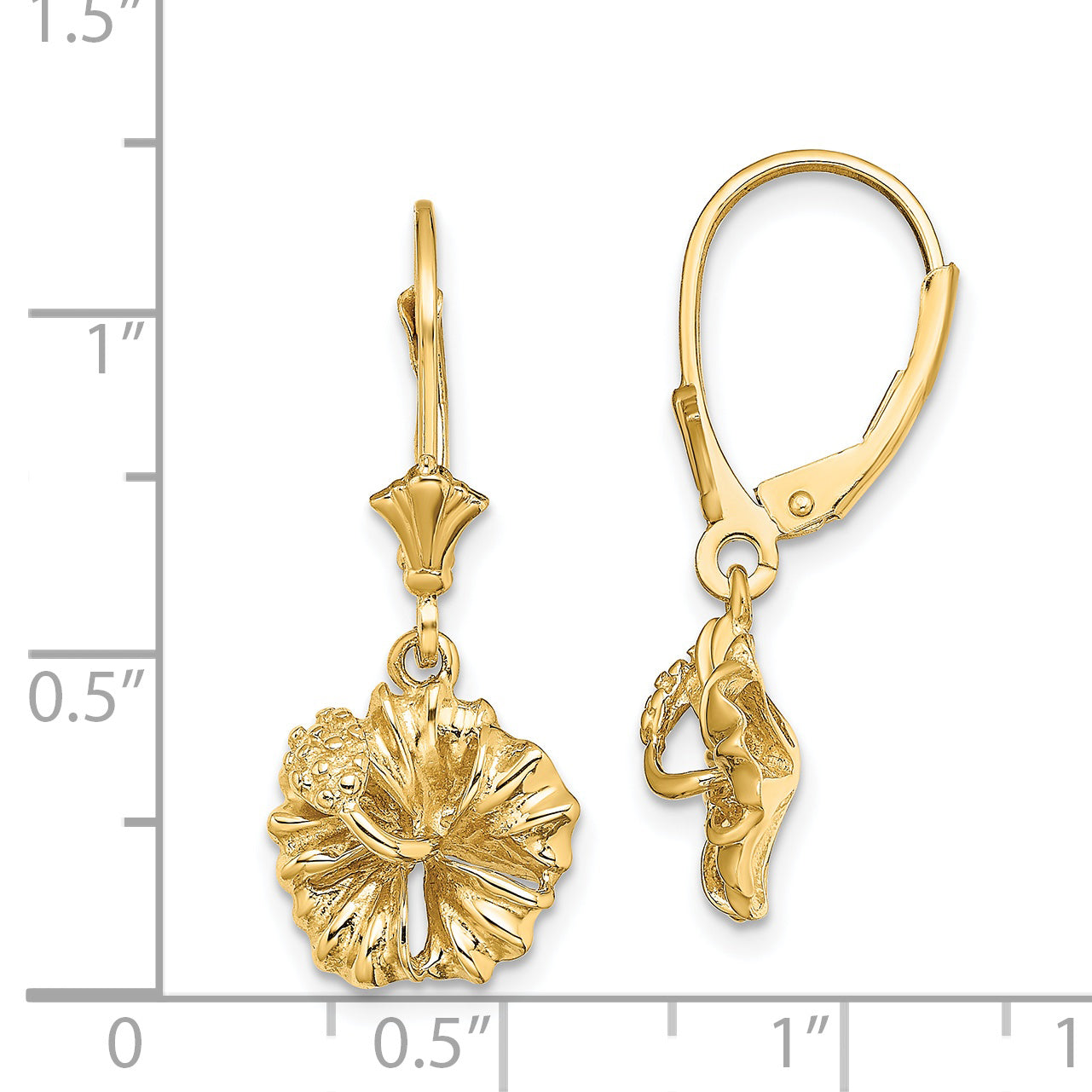 14K 2-D Textured Hibiscus Flower Leverback Earrings