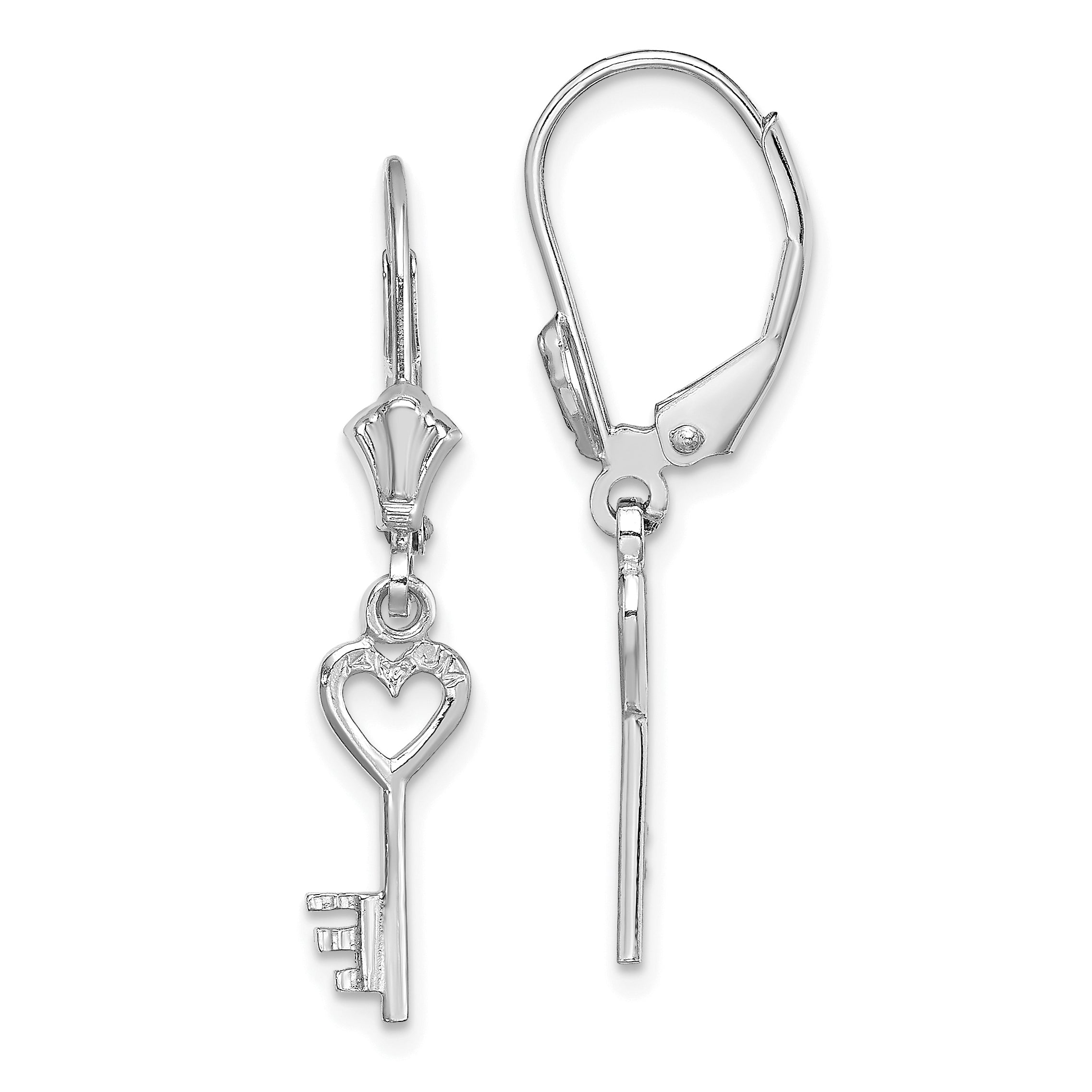 14K White Gold Polished Heart Key Leverback Earrings