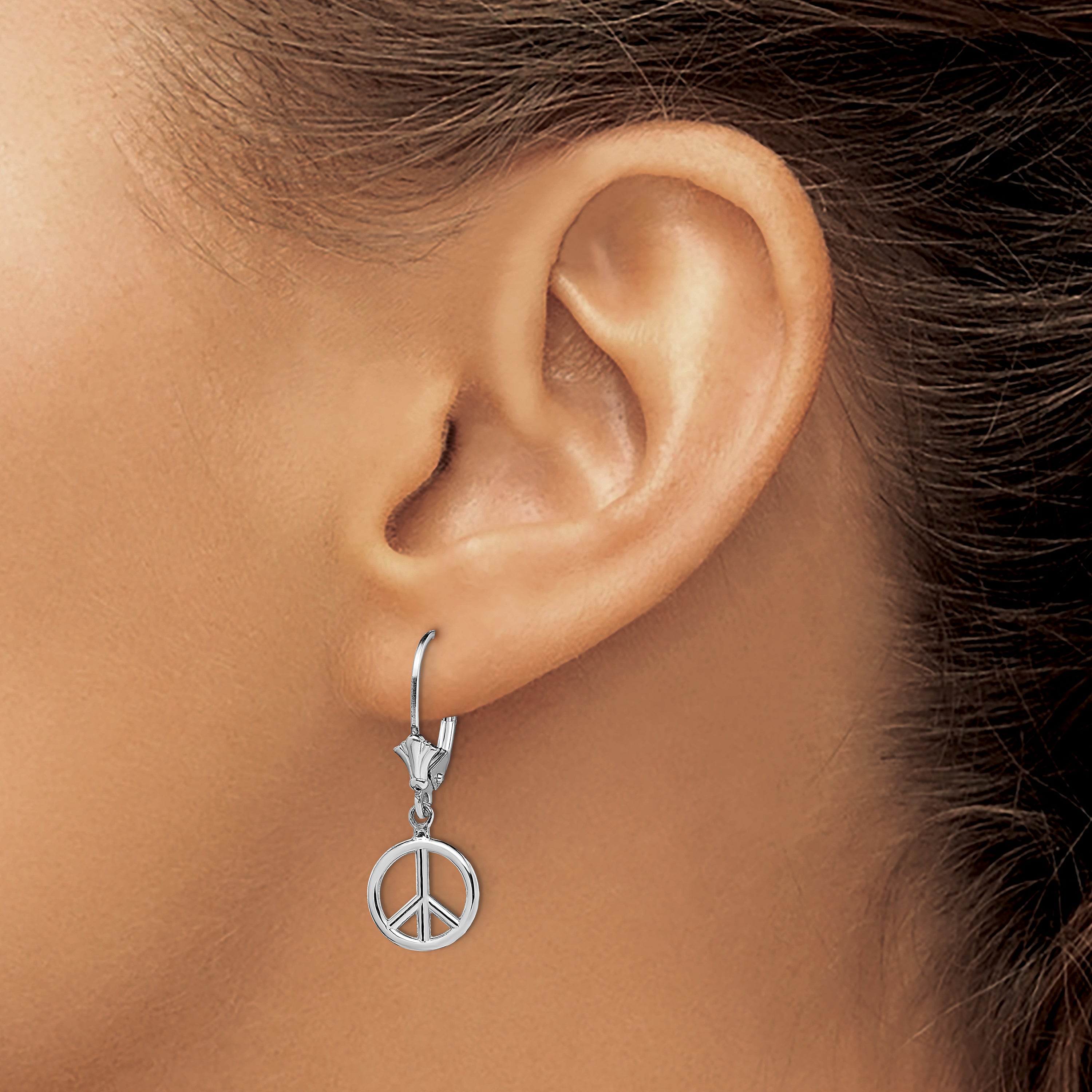 14K White Gold 3-D Peace Symbol Leverback Earrings