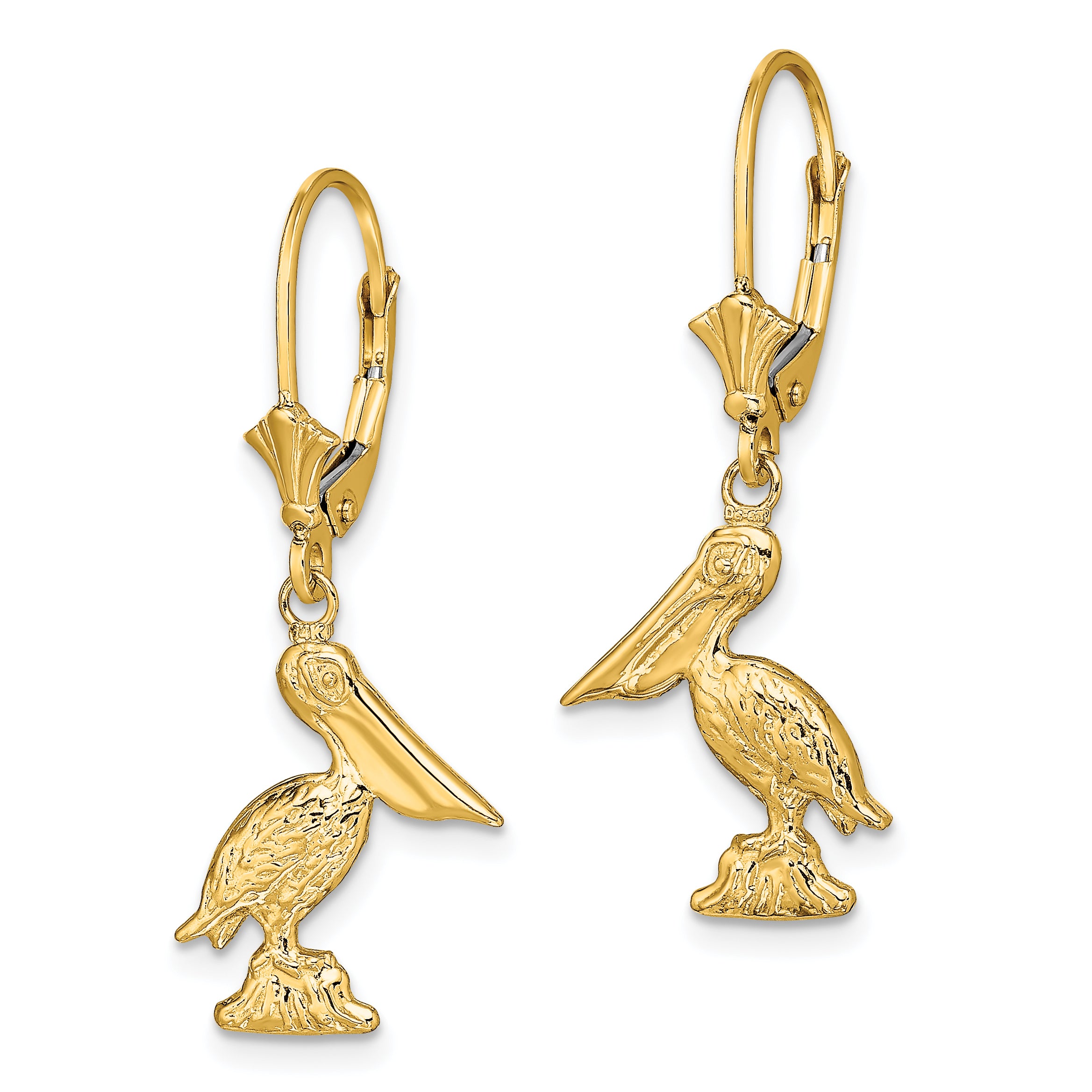 14K 3-D Pelican Standing Leverback Earrings