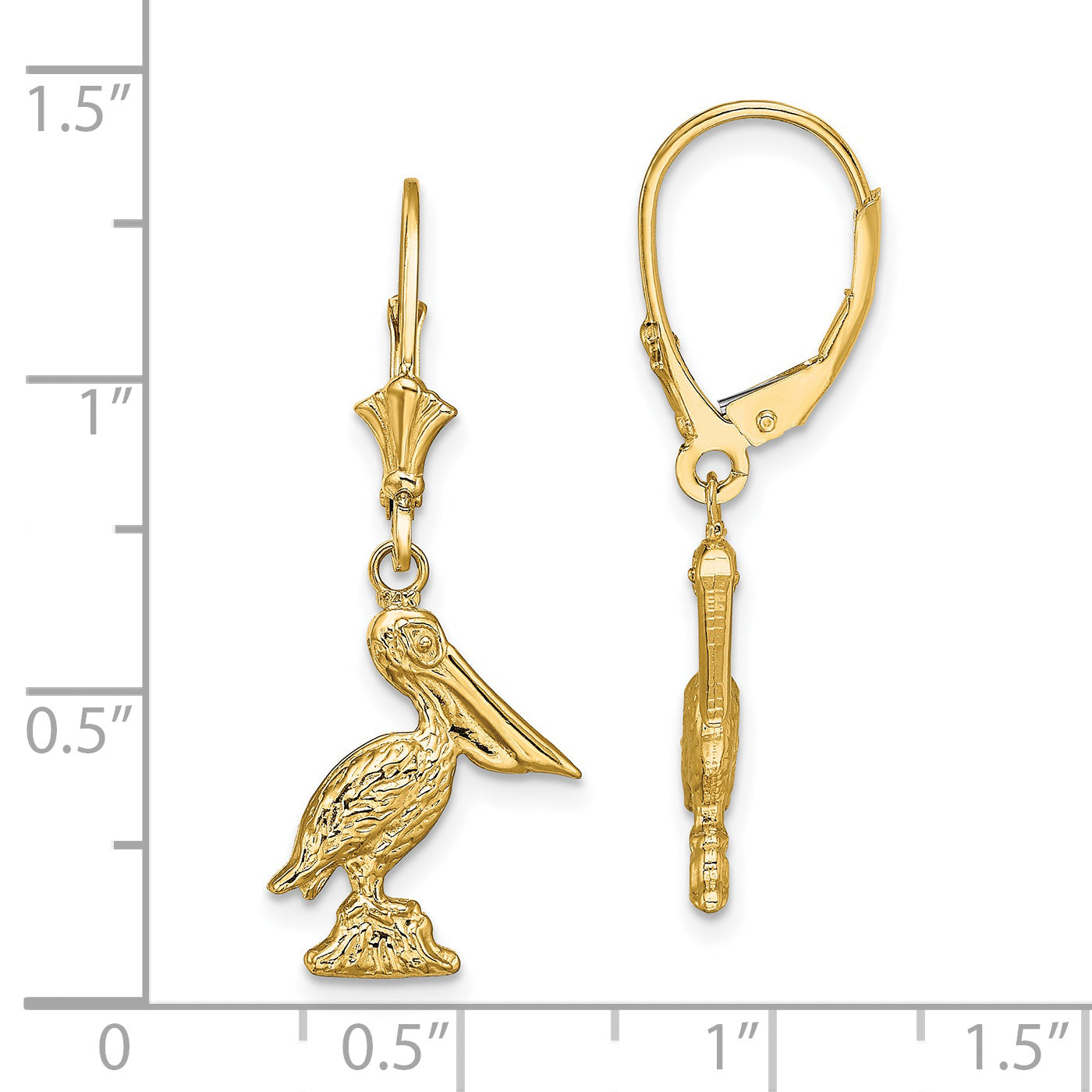 14K 3-D Pelican Standing Leverback Earrings