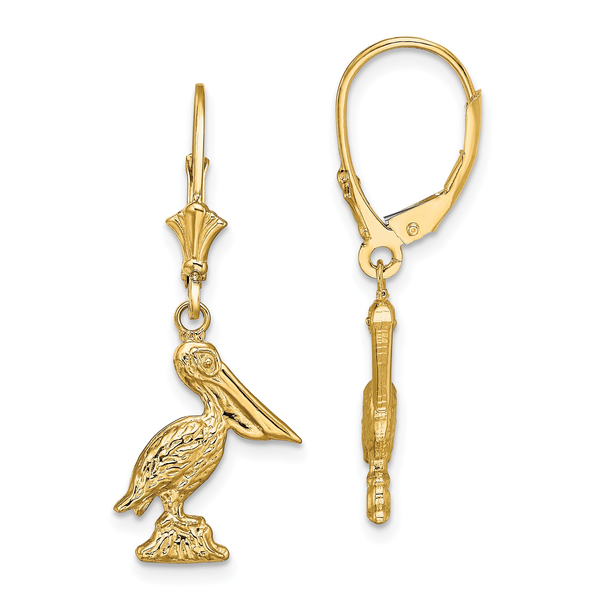 14K 3-D Pelican Standing Leverback Earrings