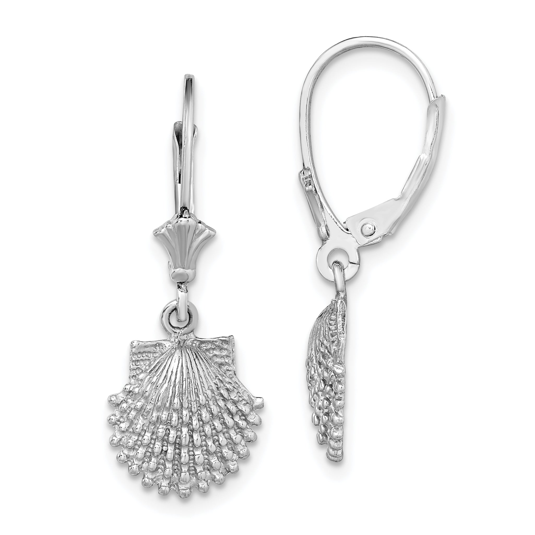 14K White Gold Beaded Scallop Shell Leverback Earrings