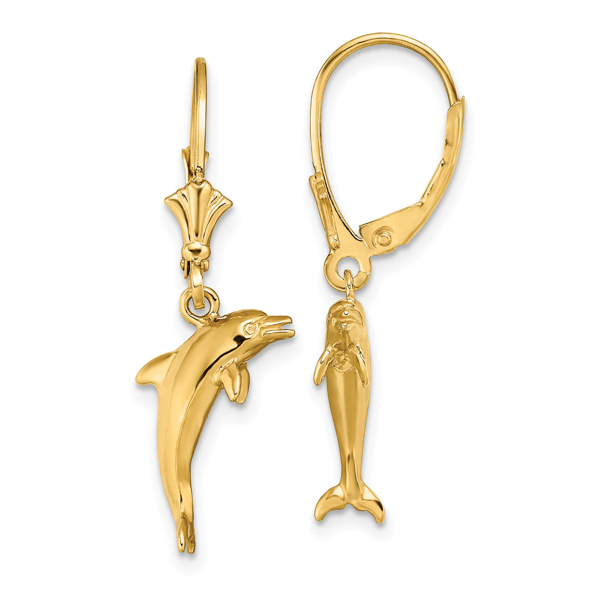 14K 3-D Mini Dolphin Jumping Leverback Earrings