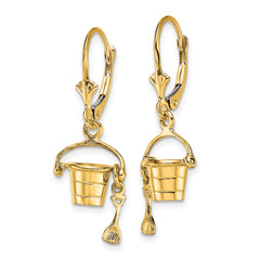 14K 3-D Beach Bucket w/ Shovel Leverback Earrings