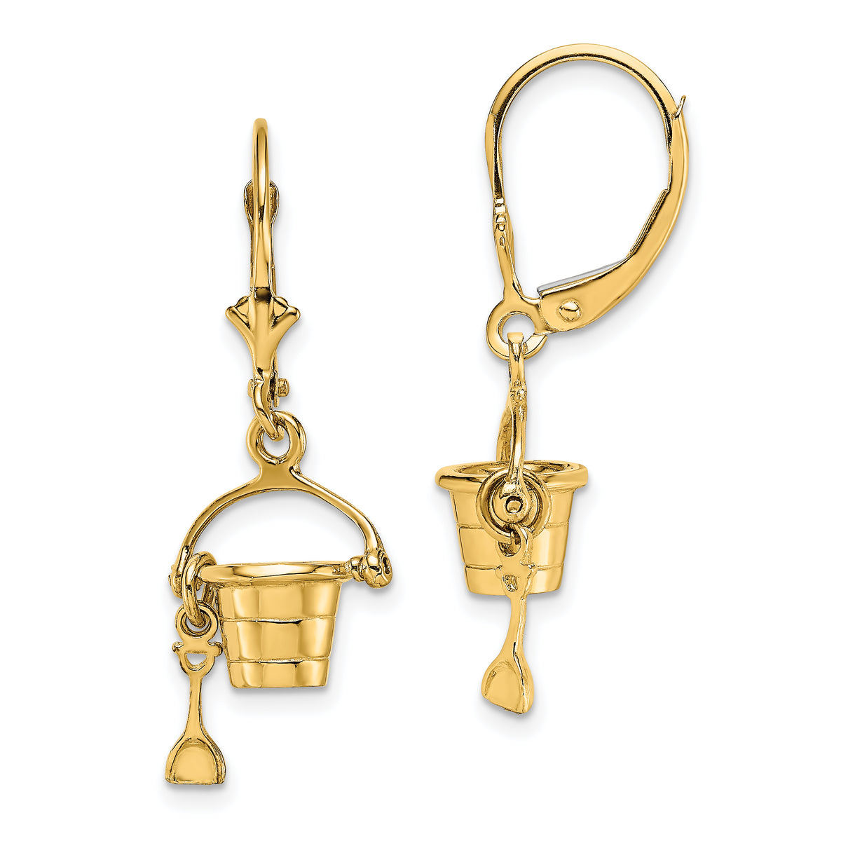 14K 3-D Beach Bucket w/ Shovel Leverback Earrings