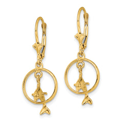 14K 3-D Dolphin Jumping Through Hoop Leverback Earrings