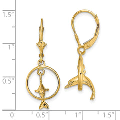 14K 3-D Dolphin Jumping Through Hoop Leverback Earrings